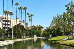 COSTA MESA, CALIFORNIA - 02 OCT 2022: Lake at the Avenue of the Arts Hotel, located in the South Coast Metro area of Orange County.