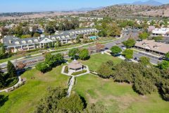 Aerial view of Town Green little park in Ladera Ranch, South Orange County, California. Large-scale residential neighborhood with small park